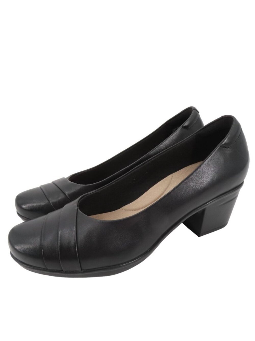 Clarks Womens 9.5 M Emslie Mae Black Leather Block Heel Pumps Shoes Comfort